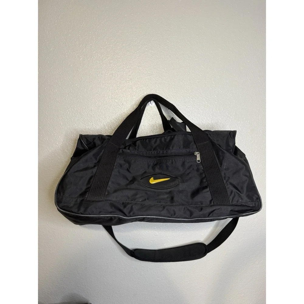 Vintage Nike Duffel Bag Black 90's Gym‎ Bag Sports Nylon Yellow Swoosh